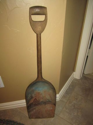Antique Hand Carved Wooden Shovel Hand Painted Picture In Wood Bowl Folk Art