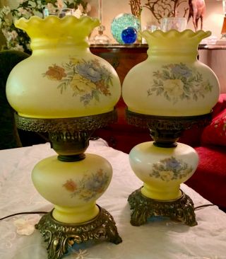 Vintage Pair 3 Way Gwtw Hurricane Glass Parlor Lamps Accurate Casting,  Yellow