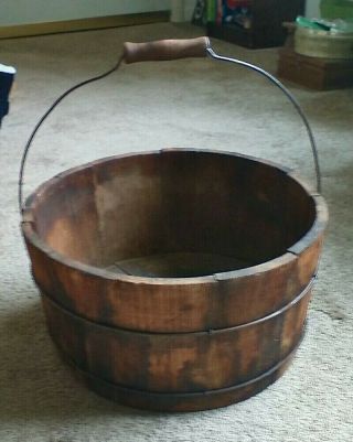 Great Old Vintage Wooden Bucket With Handle