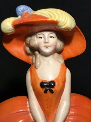 Antique Large German Ceramic Orange Lady In Hat Ceramic Boudoir Box