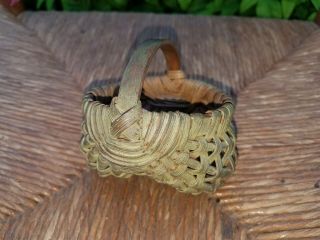 Antique Primitive Miniature Split Wood Buttocks Basket In Old Moss Green