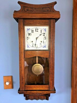 Vintage Antique Oak Cased Key Wind Pendulum Wall Clock Wood 35 " Chimes Runs