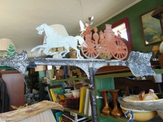 Vtg Metal Horse Drawn Fire Engine Truck Firemen Weathervane 2