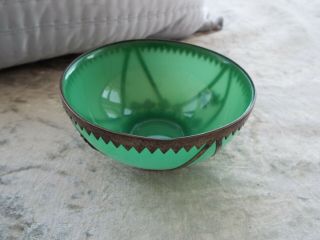 4 " Jade Green Glass Bowl With Chinese/tibetan? Silver Decoration With Dragons