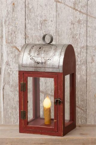 Country Large Electric Red Wood Accent Table Light W/ Punch Tin Roof