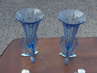 Antique Blue Depression Glass Art Deco Vases