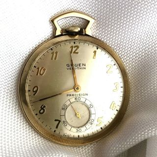 Vintage 14k Solid Gold Gruen Verithin Pocket Watch - Keeping Great Time