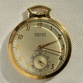 Vintage 14K SOLID GOLD GRUEN VERITHIN POCKET WATCH - Keeping Great Time 7