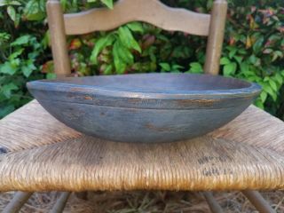 Antique Primitive Lg Wood Dough Bowl Out Of Round In Old Dark Blue.