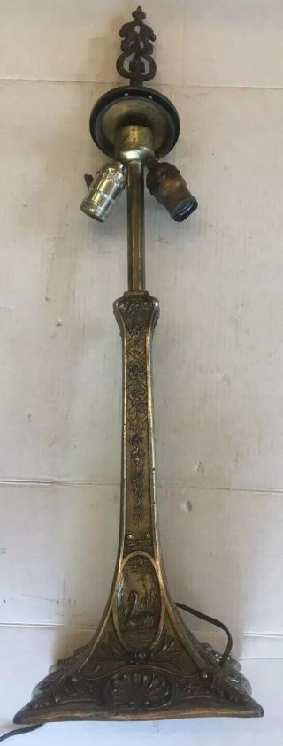 Antique LARGE BRONZE /BRASS SWAN LAMP BASE For LEADED OR SLAG GLASS SHADE 2
