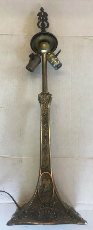 Antique LARGE BRONZE /BRASS SWAN LAMP BASE For LEADED OR SLAG GLASS SHADE 3