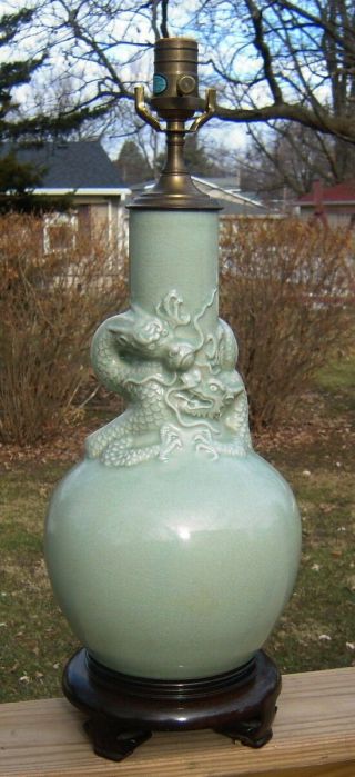 Antique Or Vintage Celadon Chinese Dragon Porcelain Vase Lamp Qing ? Period