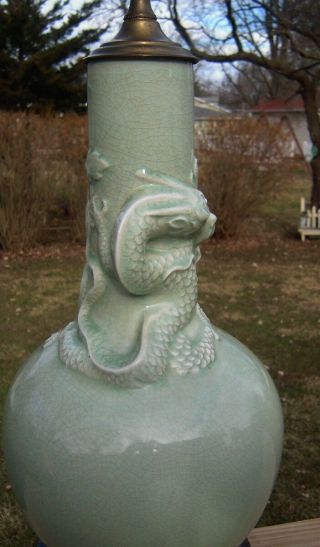 ANTIQUE OR VINTAGE CELADON CHINESE DRAGON PORCELAIN VASE LAMP QING ? PERIOD 3