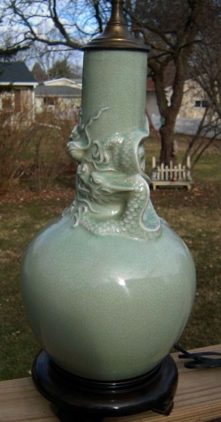 ANTIQUE OR VINTAGE CELADON CHINESE DRAGON PORCELAIN VASE LAMP QING ? PERIOD 4