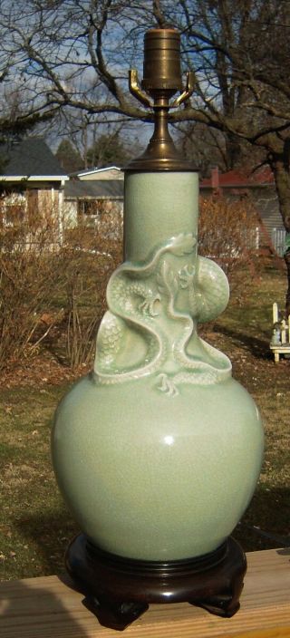 ANTIQUE OR VINTAGE CELADON CHINESE DRAGON PORCELAIN VASE LAMP QING ? PERIOD 6