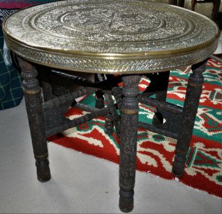 Benares Anglo - Indian Brass And Wood Coffee Table - Large