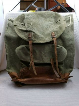 Vintage Swiss Army Military Salt Pepper Canvas Leather Backpack Rucksack Framed