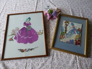 Vintage Hand Embroidered Pictures/two - Crinoline Ladies