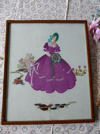 VINTAGE HAND EMBROIDERED PICTURES/TWO - CRINOLINE LADIES 5