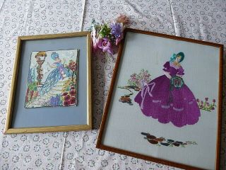 VINTAGE HAND EMBROIDERED PICTURES/TWO - CRINOLINE LADIES 7