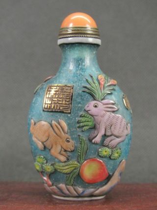 Chinese Squirrel Rabbit Carved Hand Painted Peking Glass Snuff Bottle