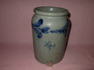 Antique 19th C Stoneware Flower & Star Decorated Small Pennsylvania Jar Crock 8 "