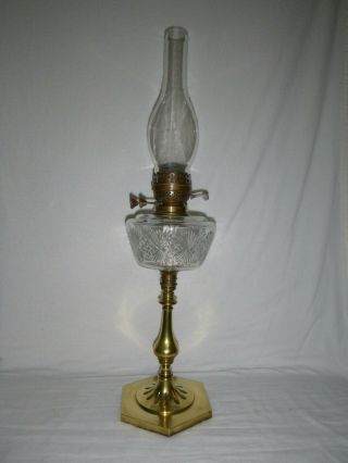 Victorian Cut Glass Oil Lamp With Heavy Brass Column/base