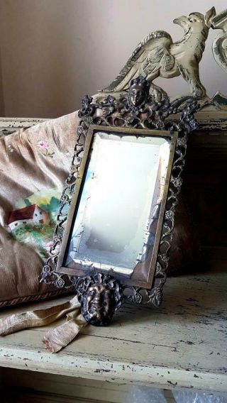 Antique French Gilt Bronzed Medieval Bevelled Glass Wall Mirror,  Boudoir Mirror