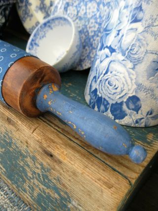 Antique Wood Rolling Pin Blue Milk Paint Indigo Calico Sleeve 2
