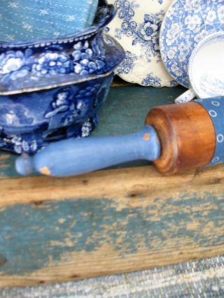 Antique Wood Rolling Pin Blue Milk Paint Indigo Calico Sleeve 3