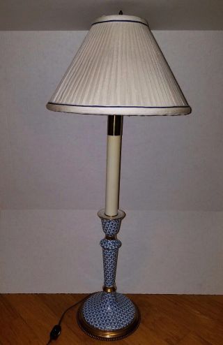 Vintage Frederick Cooper Candlestick Lamp tall blue & white porcelain & brass 4