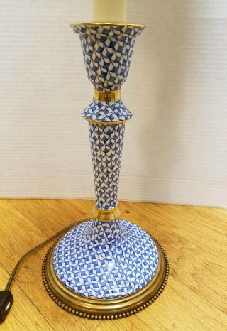 Vintage Frederick Cooper Candlestick Lamp tall blue & white porcelain & brass 6