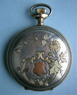 Waltham Pocket Watch In Sterling Silver Hunter Case With Pink & Green Gold Inlay