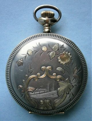 Waltham Pocket Watch in Sterling Silver Hunter Case with Pink & Green Gold Inlay 2