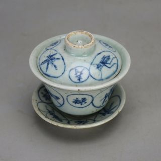 Chinese Old Hand - Carved Porcelain Blue & White Insect Pattern Tureen C01