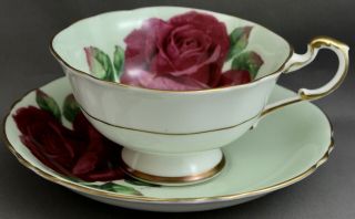 PARAGON TEACUP & SAUCER - GREEN/LARGE RED ROSES/SIGNED M438 2