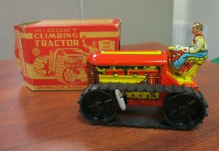 Vintage Marx Tin Litho Wind Up Midget Climbing Tractor & Box