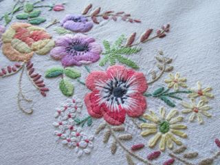 Vintage Hand Embroidered Linen Tablecloth - Flora Ring Anemones,  Roses,  Daisy