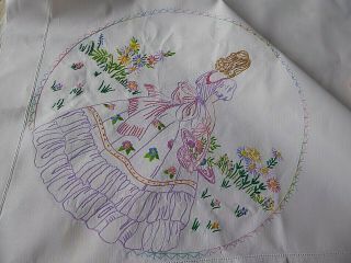 Vintage Hand Embroidered Tablecloth/ Exquisite Crinoline Ladies/larger Size