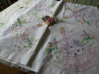 VINTAGE HAND EMBROIDERED TABLECLOTH/ EXQUISITE CRINOLINE LADIES/LARGER SIZE 2
