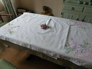 VINTAGE HAND EMBROIDERED TABLECLOTH/ EXQUISITE CRINOLINE LADIES/LARGER SIZE 3
