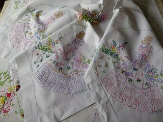 VINTAGE HAND EMBROIDERED TABLECLOTH/ EXQUISITE CRINOLINE LADIES/LARGER SIZE 4