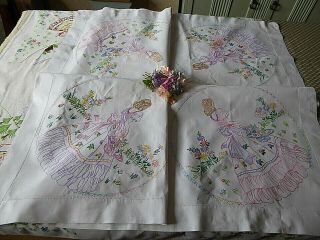 VINTAGE HAND EMBROIDERED TABLECLOTH/ EXQUISITE CRINOLINE LADIES/LARGER SIZE 5