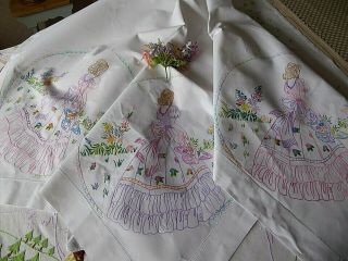 VINTAGE HAND EMBROIDERED TABLECLOTH/ EXQUISITE CRINOLINE LADIES/LARGER SIZE 6