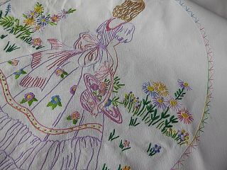 VINTAGE HAND EMBROIDERED TABLECLOTH/ EXQUISITE CRINOLINE LADIES/LARGER SIZE 7