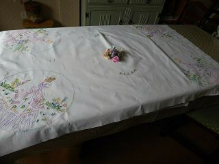 VINTAGE HAND EMBROIDERED TABLECLOTH/ EXQUISITE CRINOLINE LADIES/LARGER SIZE 8