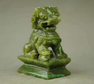 Chinese Natural Green Jade Fengshui Fu Foo Dog Lion Statue A01