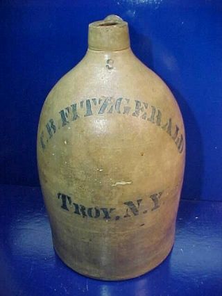 19thc Stoneware 3 Gal Jug From T.  B.  Fitzgerald Of Troy Ny W Large Blue Lettering