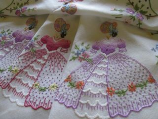 Vintage Hand Embroidered Tablecloth - Crinoline Ladies & Floral 