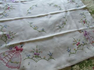 Vintage Hand Embroidered Tablecloth - CRINOLINE LADIES & FLORAL ' S 2